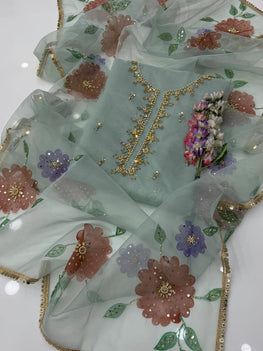 Handwork Stones And Beads Work Organza Oil Paint 🎨 2 Pc 👗