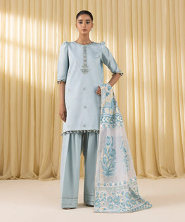 3 Piece - Embroidered Cotton Satin Suit