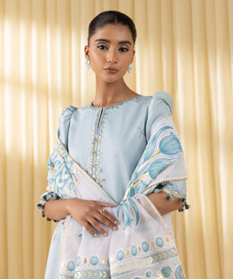 3 Piece - Embroidered Cotton Satin Suit